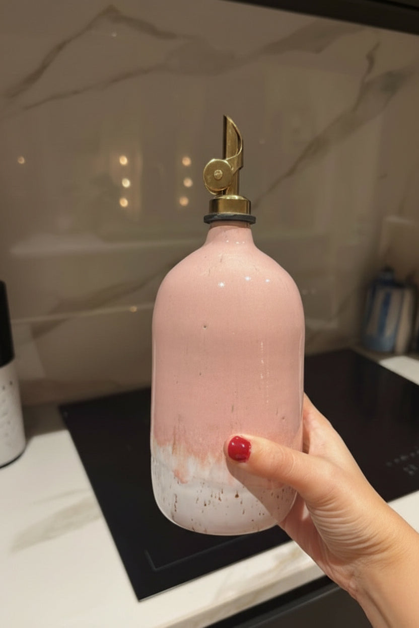 Olijfoliefles Keramiek Wit Gespikkeld/Lichtroze