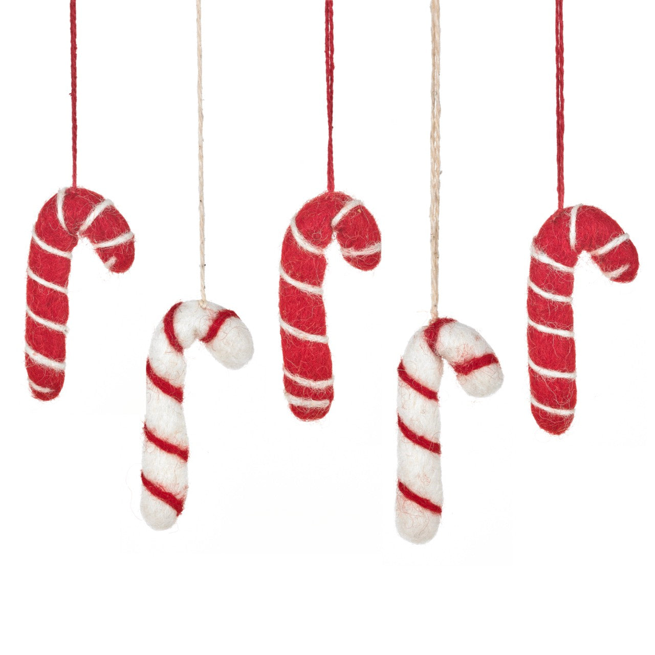 Vilten Kersthanger - Candy Cane Zuurstokken (set van 5)- Rood - Handgemaakt