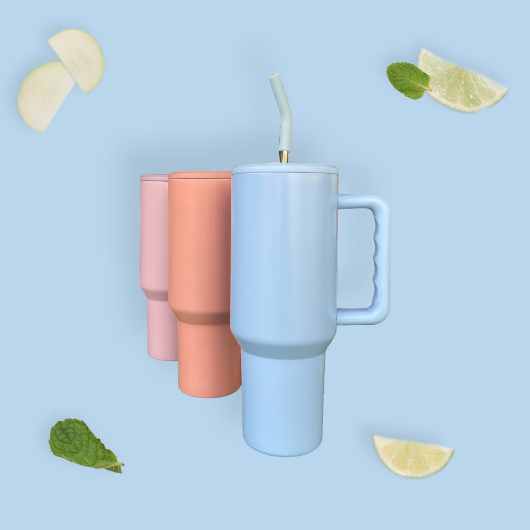 Drinkfles Thermos Hot/Cold met Handvat, Rietje & Borstel Pastel