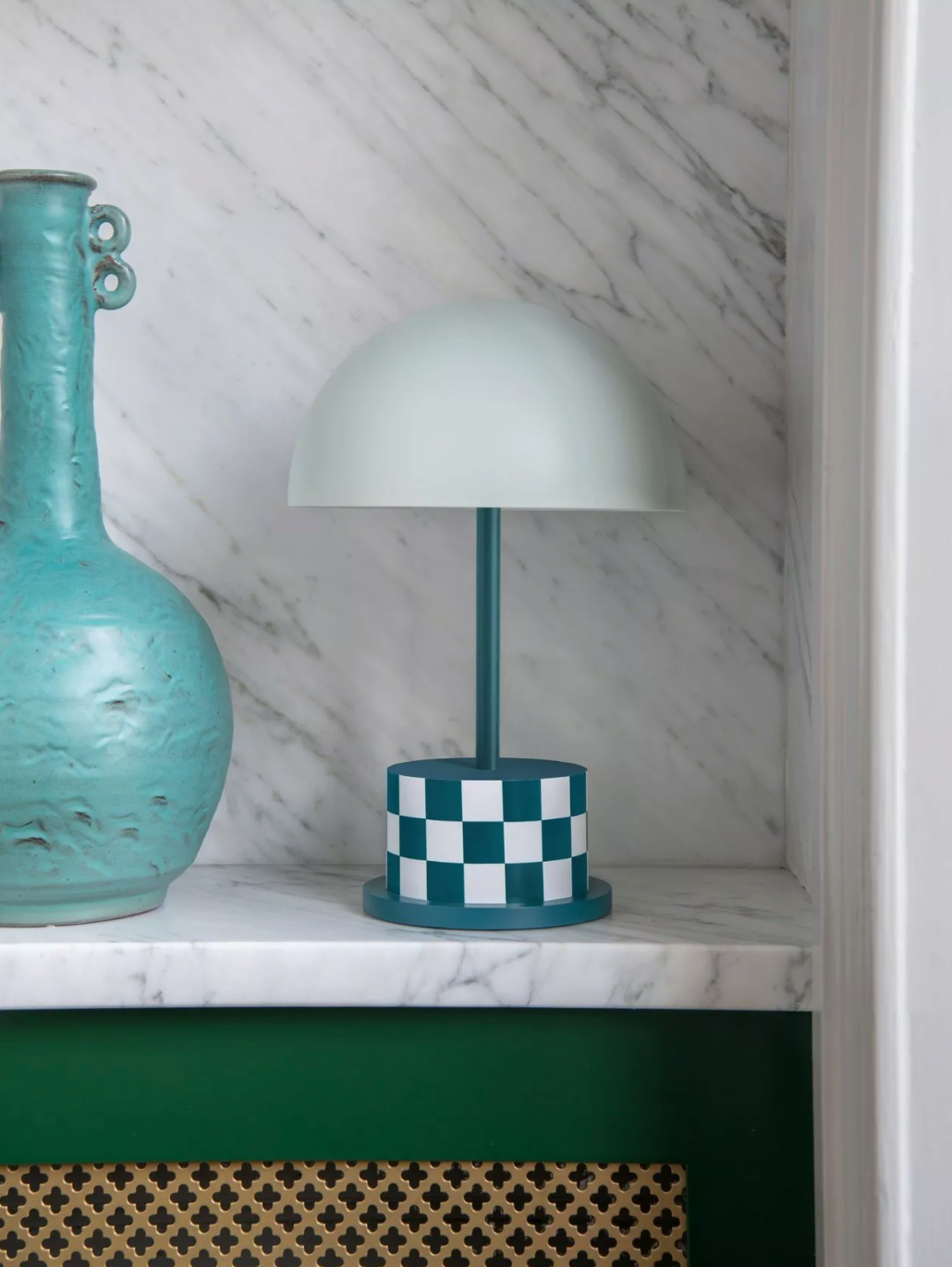 Tafellamp Draadloos LED turquois/blauwgroen ruitjes checkered USB-oplaadbaar